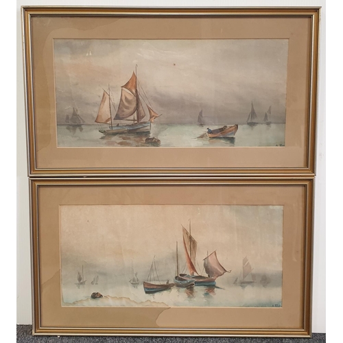 94 - Pair of framed Watercolours, Fishing Boats by A. Rae, 1917. H:36 x W:64cm