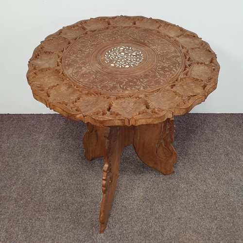 95 - Inlaid carved folding occasional table, H:54 x D:51cm