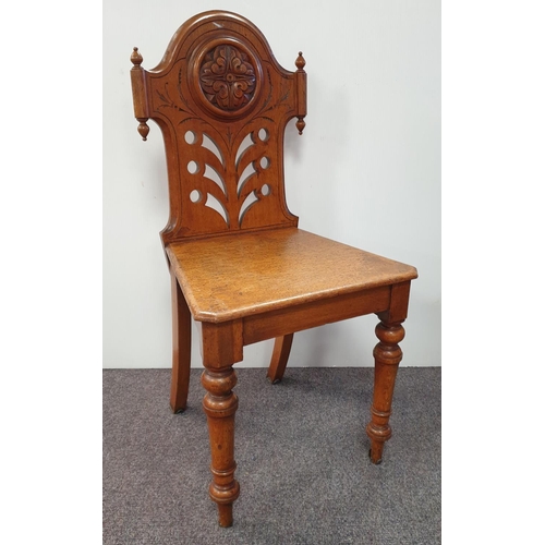 104 - Pair of oak hall chairs, some damage