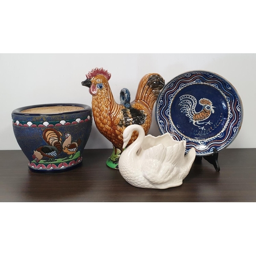 120 - 4pcs collection of ceramics - Cockrel themed figure, jardiniere and plate and a Royal Winton porcela... 