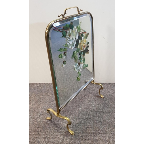 197 - Edwardian Mirrored Glass Brass Frame Fire Screen with Painted Floral Decoration  H:59 x W:37cm