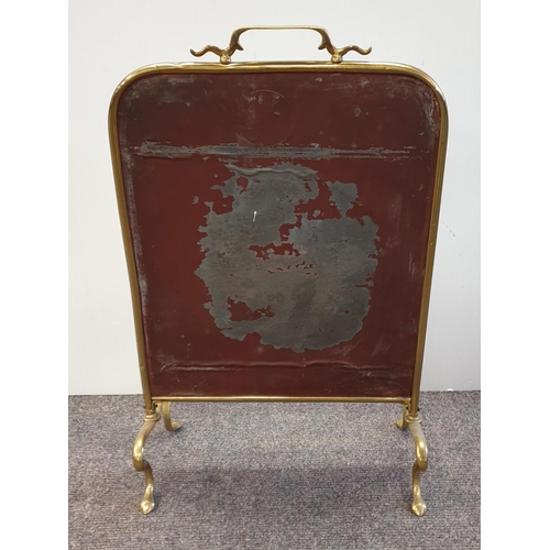 197 - Edwardian Mirrored Glass Brass Frame Fire Screen with Painted Floral Decoration  H:59 x W:37cm