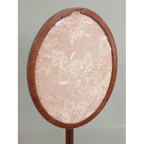 228 - Inlaid Mahogany Pole Screen with Embroidered Panel, height 130cm