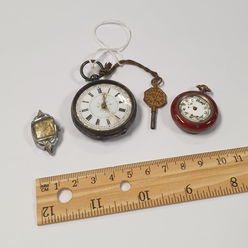 337 - Lot of 2x Pocket Watches, Pocket Watch Key and Watch Face in Small Glass Dish