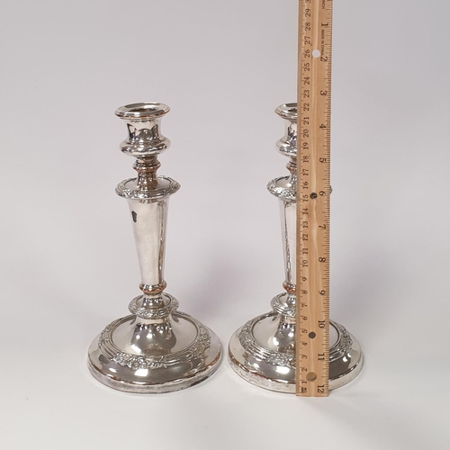 471 - Pair of Sheffield plate candlesticks (height 22cm), London plated lidded box and assorted plated cut... 