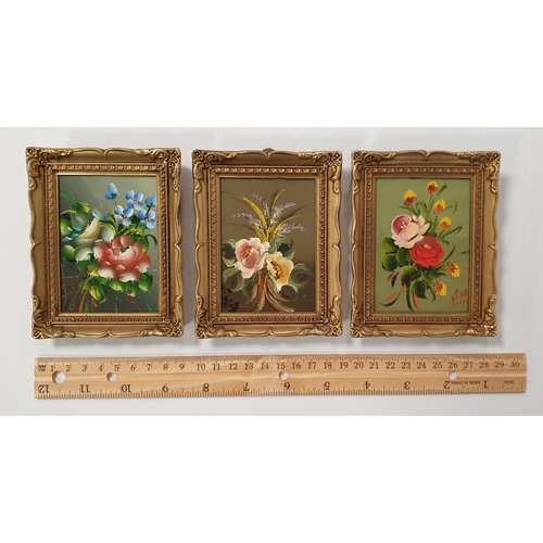 465 - Set of 3x Miniature Framed Floral Oil on Boards , 11cm x 9cm