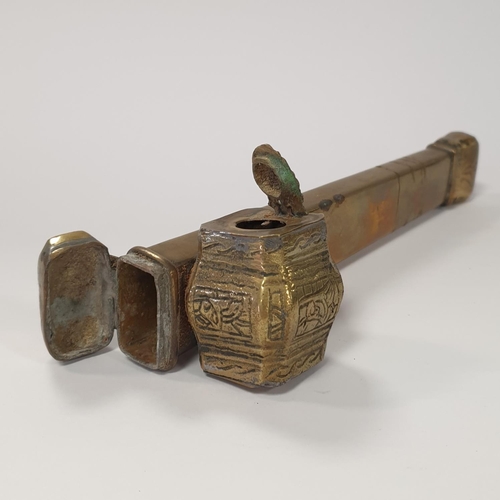 466 - Brass travelling inkwell (Qalamdan - Length 23cm) and Spring scales