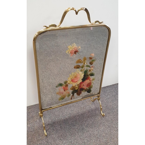 489 - Edwardian Mirrored Fire screen with Brass Frame and Painted Flowers , H:69 x W:42cm