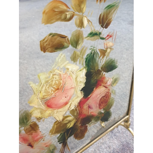 489 - Edwardian Mirrored Fire screen with Brass Frame and Painted Flowers , H:69 x W:42cm