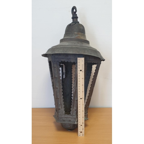 652 - Two Lanterns (largest 55cm high) and three branch brass ceiling light