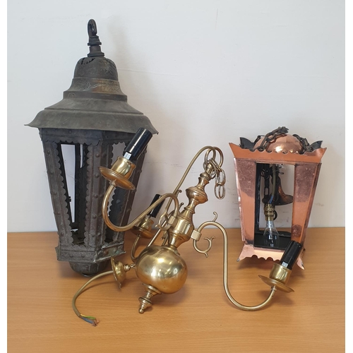 652 - Two Lanterns (largest 55cm high) and three branch brass ceiling light