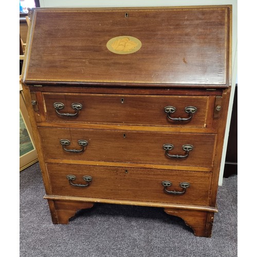 219 - Inlaid 'Shell' Design Mahogany Bureau with Three Drawers H: 94cm x D: 42cm x w: 76cm