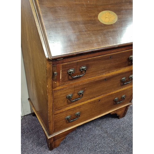 219 - Inlaid 'Shell' Design Mahogany Bureau with Three Drawers H: 94cm x D: 42cm x w: 76cm