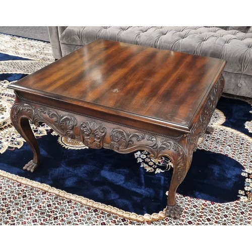 157 - Square Irish Style Mahogany Coffee Table with Lion Head Detail and Claw Leg L: 80cm x W: 80cm x H: 4... 