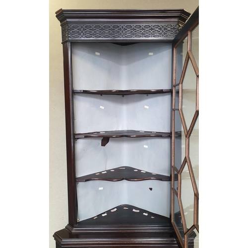 703 - Mahogany Narrow Corner Display Cabinet with Two Glass Doors, H:185 x W:72 x D:46cm