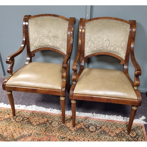 170 - Pair of Mahogany Framed Ornate Armchairs with Beige Leather Seats H: 97cm x W: 62cm x  D: 69cm