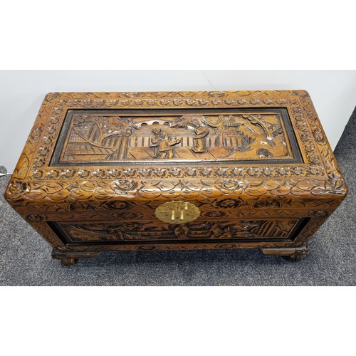 347 - Carved Oriental Style Small Blanket/Storage Box L: 70cm x D: 33cm x H: 37cm