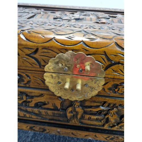 347 - Carved Oriental Style Small Blanket/Storage Box L: 70cm x D: 33cm x H: 37cm