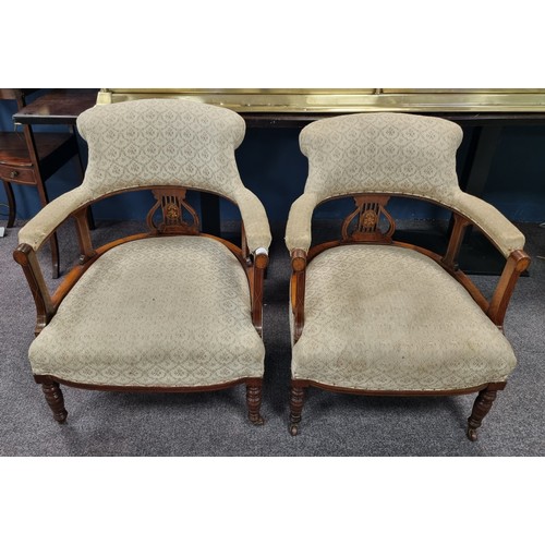 196 - Pair of Edwardian Rosewood Inlaid Tub Style Chairs H: 80cm x W: 58cm, seat height 40cm