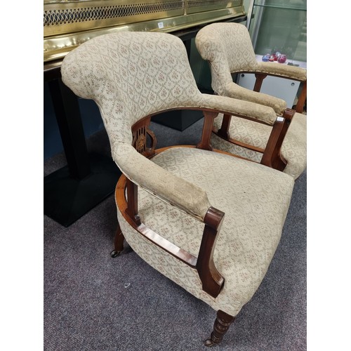 196 - Pair of Edwardian Rosewood Inlaid Tub Style Chairs H: 80cm x W: 58cm, seat height 40cm