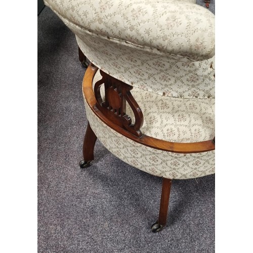 196 - Pair of Edwardian Rosewood Inlaid Tub Style Chairs H: 80cm x W: 58cm, seat height 40cm