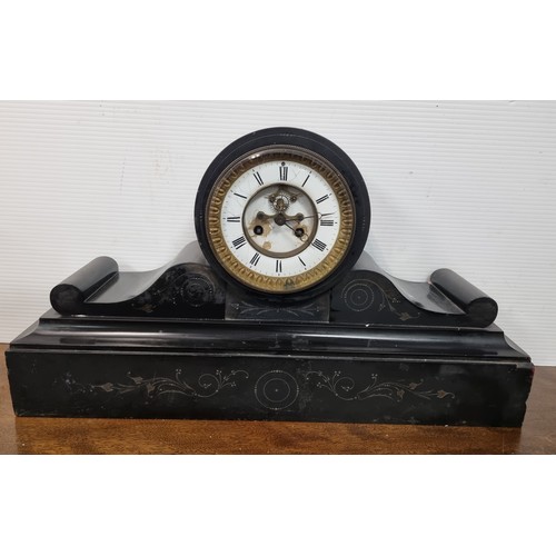 109 - Black Marble Mantel Clock Napoleons Hat From ,  H: 31cm x L: 55cm x D: 14cm (no pendulum and key)