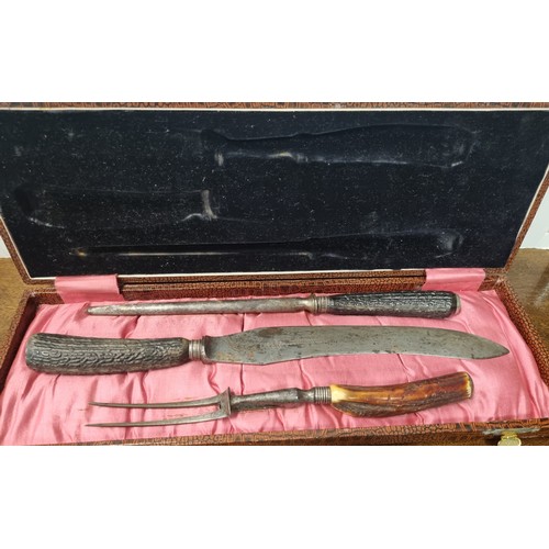 111 - Cased 3 Piece Antler Handle Carving Set