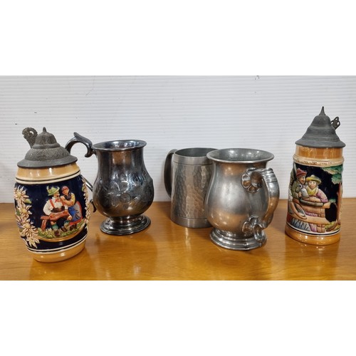 129 - Lot of 5x Tankards including 2x German Beer Steins and English and Malayan Pewter
