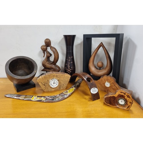 143 - Collection of Wooden Ornaments and Clocks including Boomerang and Vase