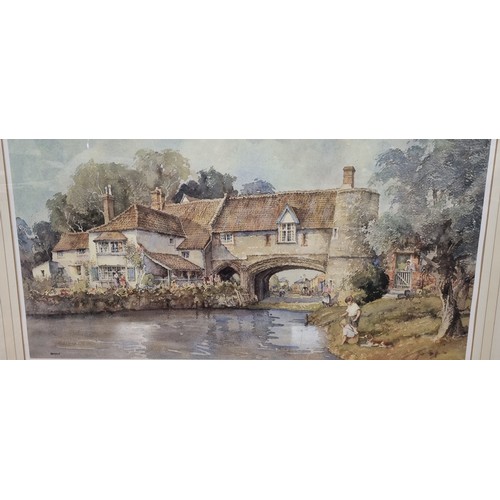 149 - Limited Edition Sturgeon Print 436/850, Signed, of Village Scene Fishing  H: 60cm x w: 92cm