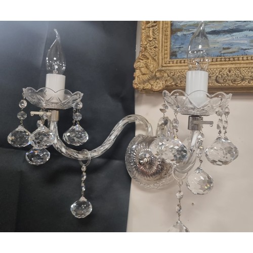 217 - Pair of Cut Glass Two Branch Wall Lights, Total Height inc. bulb 30cm x 40cm  approx.