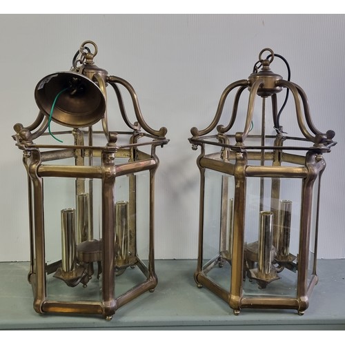 431 - Pair of Heavy Brass Three Branch Ceiling Lanterns with Bevelled Glass H: 60cm x 31cm Weight approx. ... 