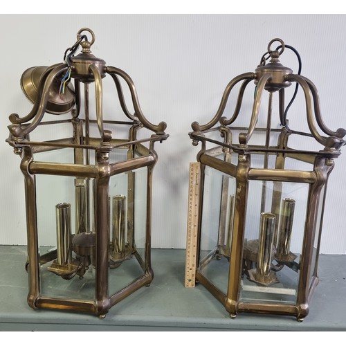 431 - Pair of Heavy Brass Three Branch Ceiling Lanterns with Bevelled Glass H: 60cm x 31cm Weight approx. ... 