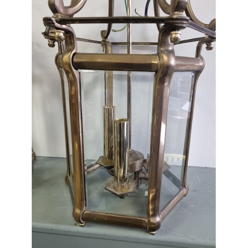 431 - Pair of Heavy Brass Three Branch Ceiling Lanterns with Bevelled Glass H: 60cm x 31cm Weight approx. ... 