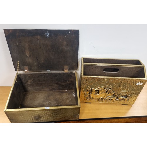 412 - Brass Magazine Rack and Small Brass Fire Lighter Box (H: 21cm x L: 39cm x D: 26cm)