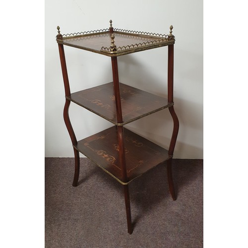 548 - Rosewood Inlaid Three Tier Stand with Brass Gallery and Mounts  H: 79cm x W: 43cm x D: 32cm