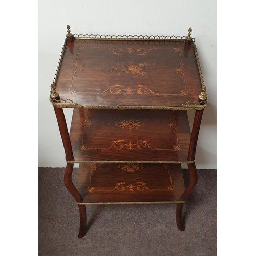 548 - Rosewood Inlaid Three Tier Stand with Brass Gallery and Mounts  H: 79cm x W: 43cm x D: 32cm