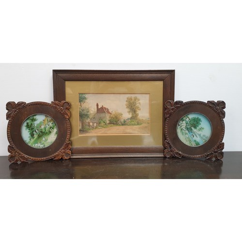 434 - Oak Framed Country Scene Watercolour Henry Kokken 1915 and  Pair of framed pictures, H:33 x W:33cm