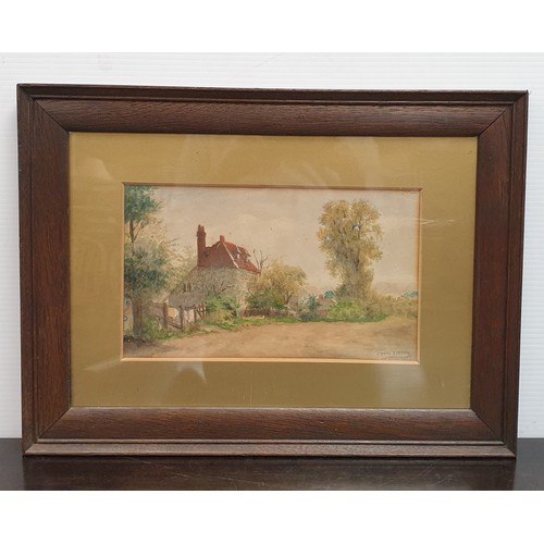 434 - Oak Framed Country Scene Watercolour Henry Kokken 1915 and  Pair of framed pictures, H:33 x W:33cm