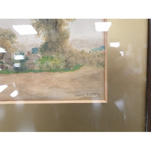 434 - Oak Framed Country Scene Watercolour Henry Kokken 1915 and  Pair of framed pictures, H:33 x W:33cm