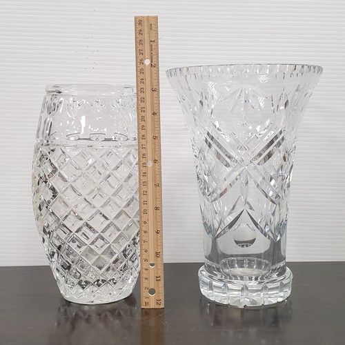 428 - Lot of 2x Heavy Cut Glass Vases, Height 26cm (small chip on one)