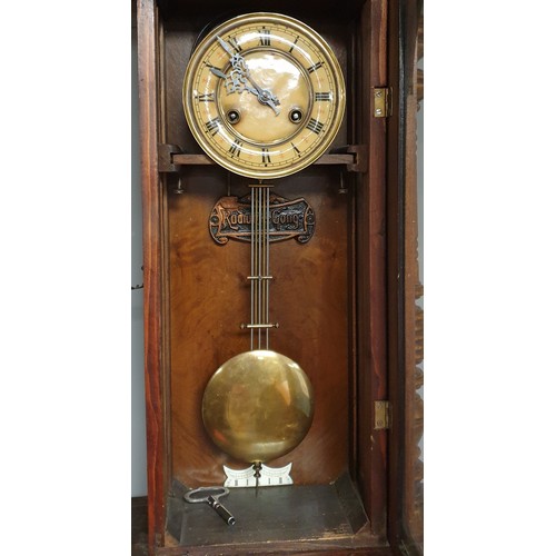 663 - Mahogany Cased Wall Clock with Pendulum and Key H: 80cm x W: 36cm x D: 20cm