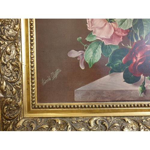 540 - Large Gilt Framed Oil on Board Floral Scene, H: 65.5cm x W: 76cm