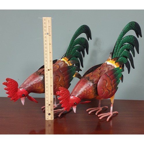 676 - Pair of Metal Painted Cockerel Ornaments H: 20cm