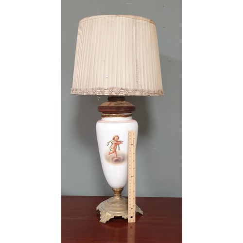 708 - Antique Milk Glass Lamp and Shade with Cherub Detail, H: 66cm