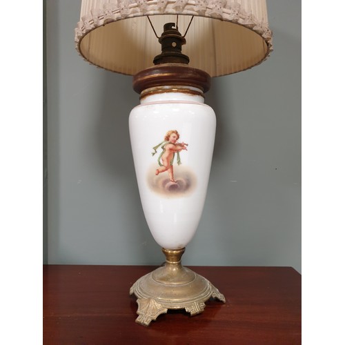 708 - Antique Milk Glass Lamp and Shade with Cherub Detail, H: 66cm