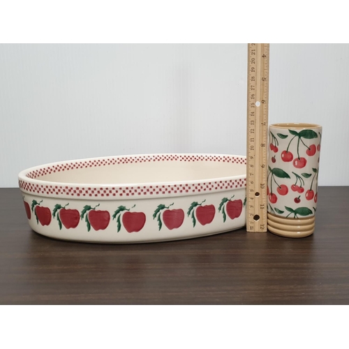 946 - Nicholas Mosse apple pattern dish (L:34 x D:19cm) and cherry pattern vase (Height 13cm)