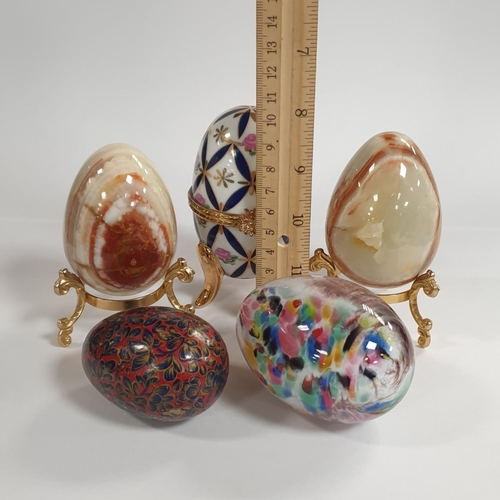 597 - Collection of 5x Egg Ornaments including Two Decorative Egg Ornaments on Stand and Trinket Box