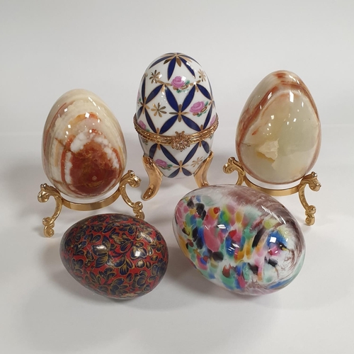 597 - Collection of 5x Egg Ornaments including Two Decorative Egg Ornaments on Stand and Trinket Box