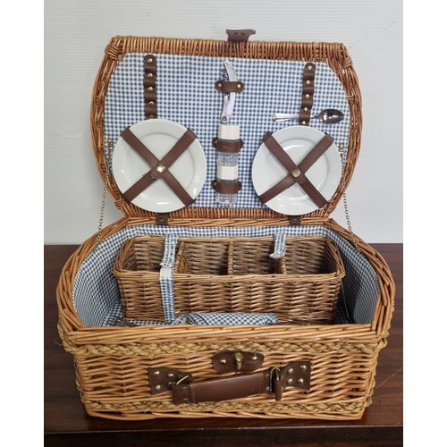 915 - Picnic Basket and contents - H: 18cm x W: 53cm x D: 34cm